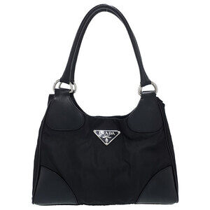 Prada Vitello Trimmed Tessuto Shoulder Bag black nylon handbag